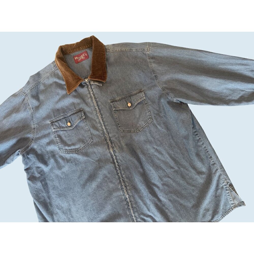 Vintage DENIM & CO Full Zip Corduroy Collar Denim Shirt 90s / 00s Sz L